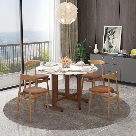 Folding Dining Table( Round, White Marble, Natural Wooden Frame)