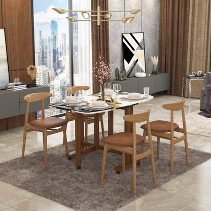 Folding Dining Table( Italian, White and Black with Gold Marble, Natural Wood Frame)