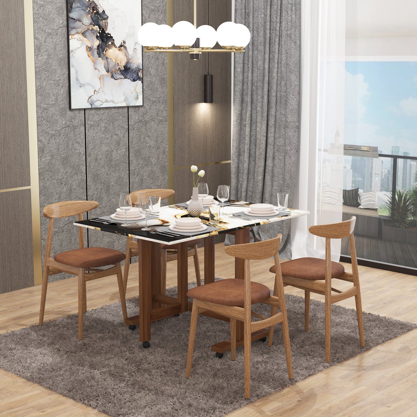 Folding Dining Table( Rectangular, White and Black with Gold Marble, Natural Wooden Frame)