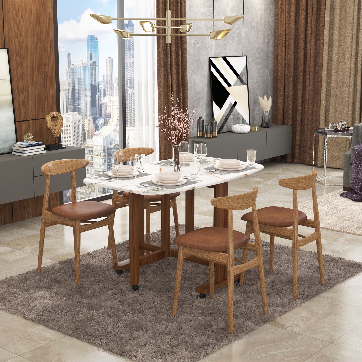 Folding Dining Table( Italian, White with Gold Marble, Natural Wood Metal Frame)