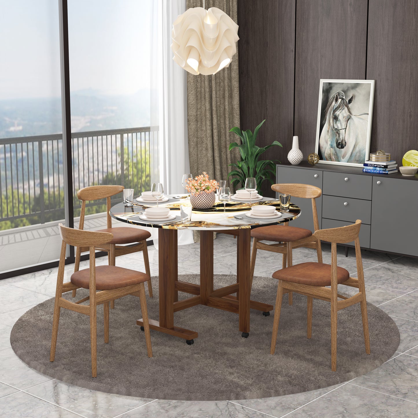 Folding Dining Table( Round, White and Black with Gold Marble, Natural Wooden Frame)