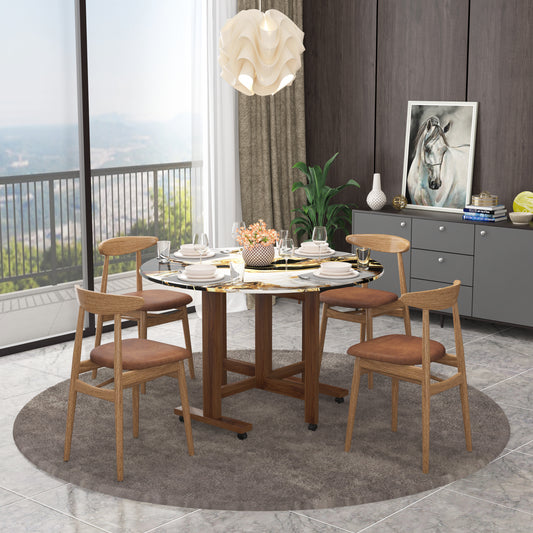 Folding Dining Table( Round, White and Black with Gold Marble, Natural Wooden Frame)