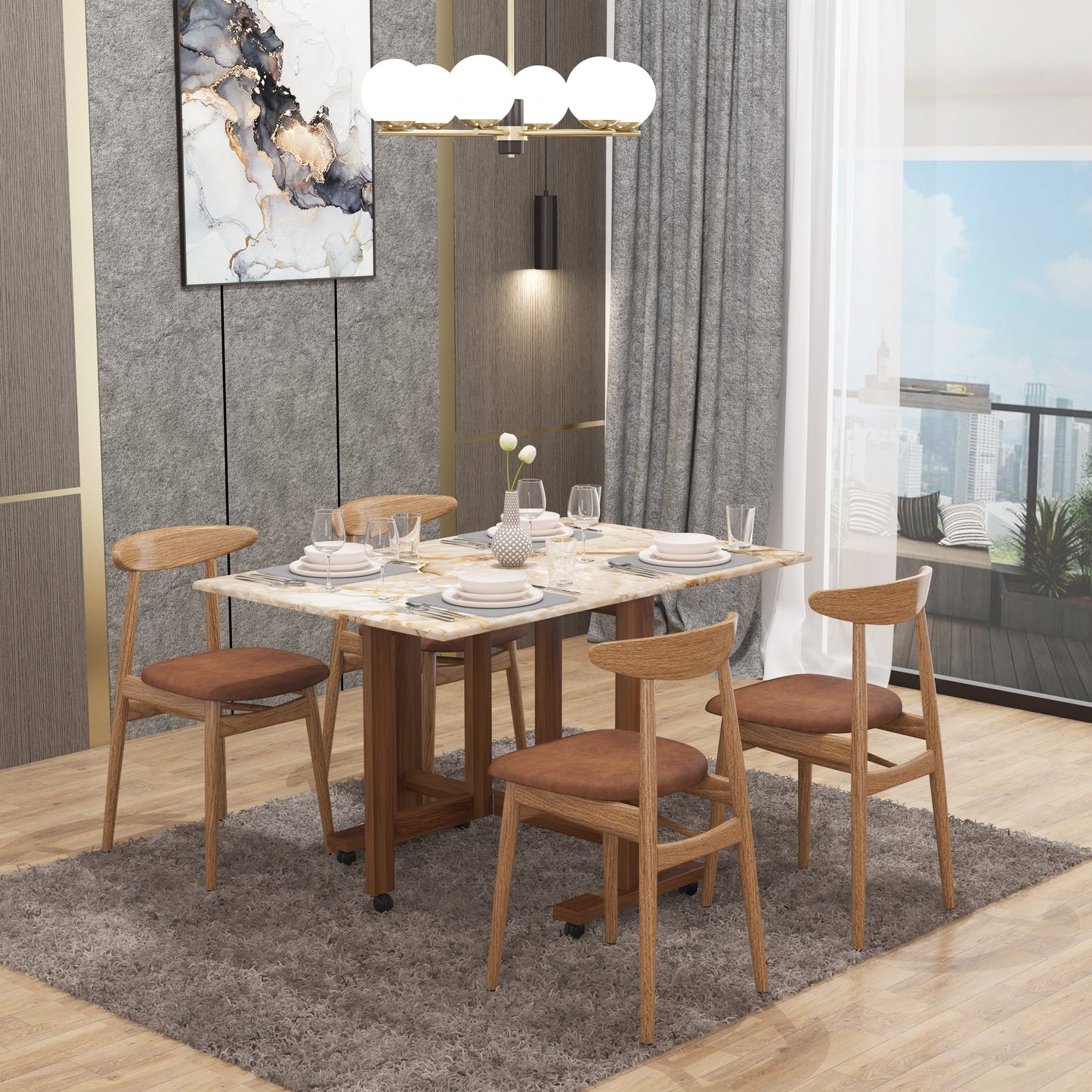 Folding Dining Table( Rectangular, Gold Marble, Natural Wooden Frame)