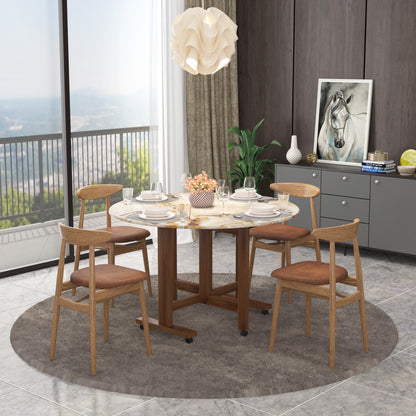 Folding Dining Table( Round, Gold Marble, Natural Wooden Frame)