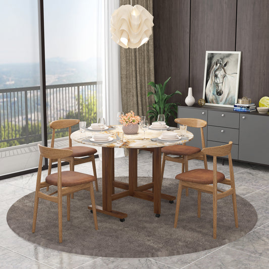 Folding Dining Table( Round, Gold Marble, Natural Wooden Frame)