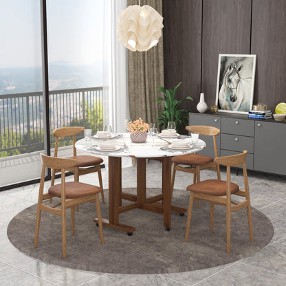Folding Dining Table( Round, White Marble, Natural Wooden Frame)