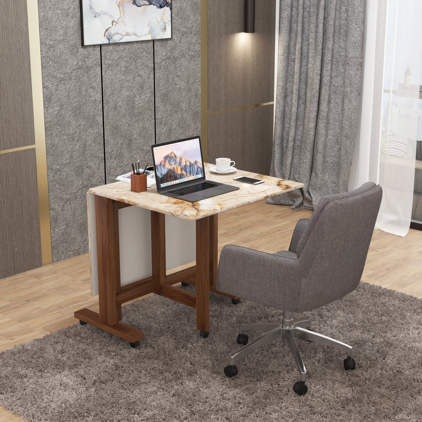 Folding Dining Table( Rectangular, Gold Marble, Natural Wooden Frame)