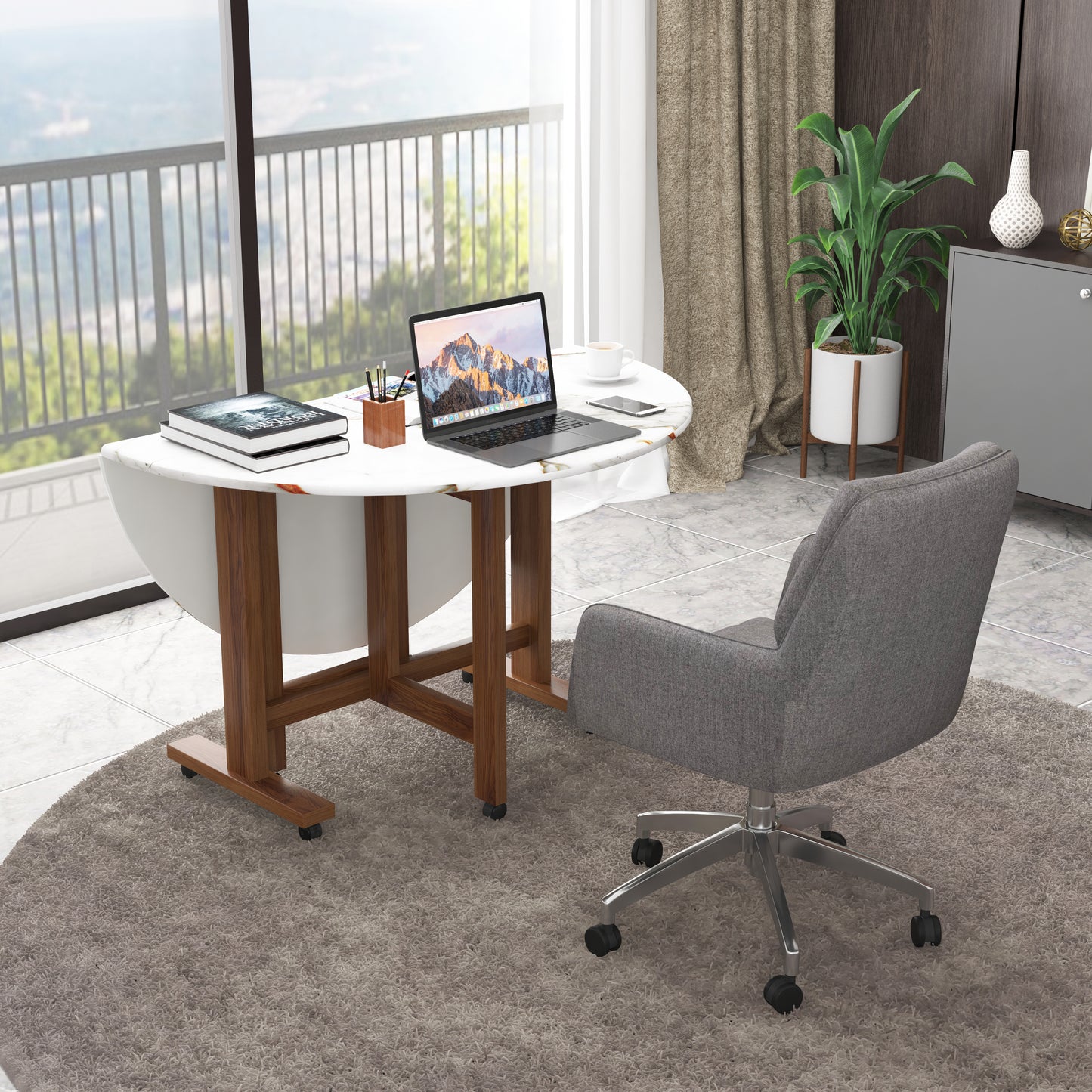 Folding Dining Table( Round, White Marble, Natural Wooden Frame)