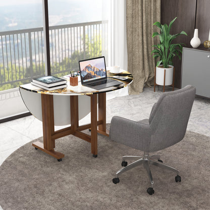 Folding Dining Table( Round, White and Black with Gold Marble, Natural Wooden Frame)