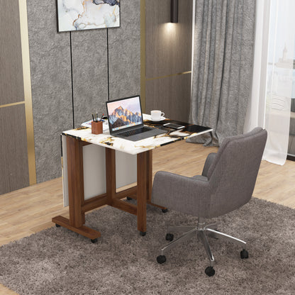 Folding Dining Table( Rectangular, White and Black with Gold Marble, Natural Wooden Frame)