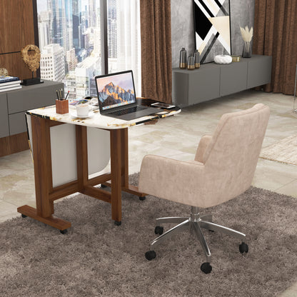 Folding Dining Table( Italian, White and Black with Gold Marble, Natural Wood Frame)