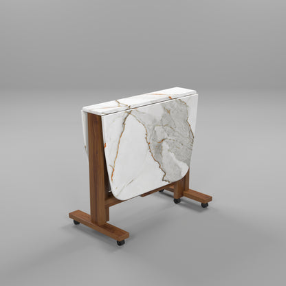 Folding Dining Table( Italian, White with Gold Marble, Natural Wood Metal Frame)