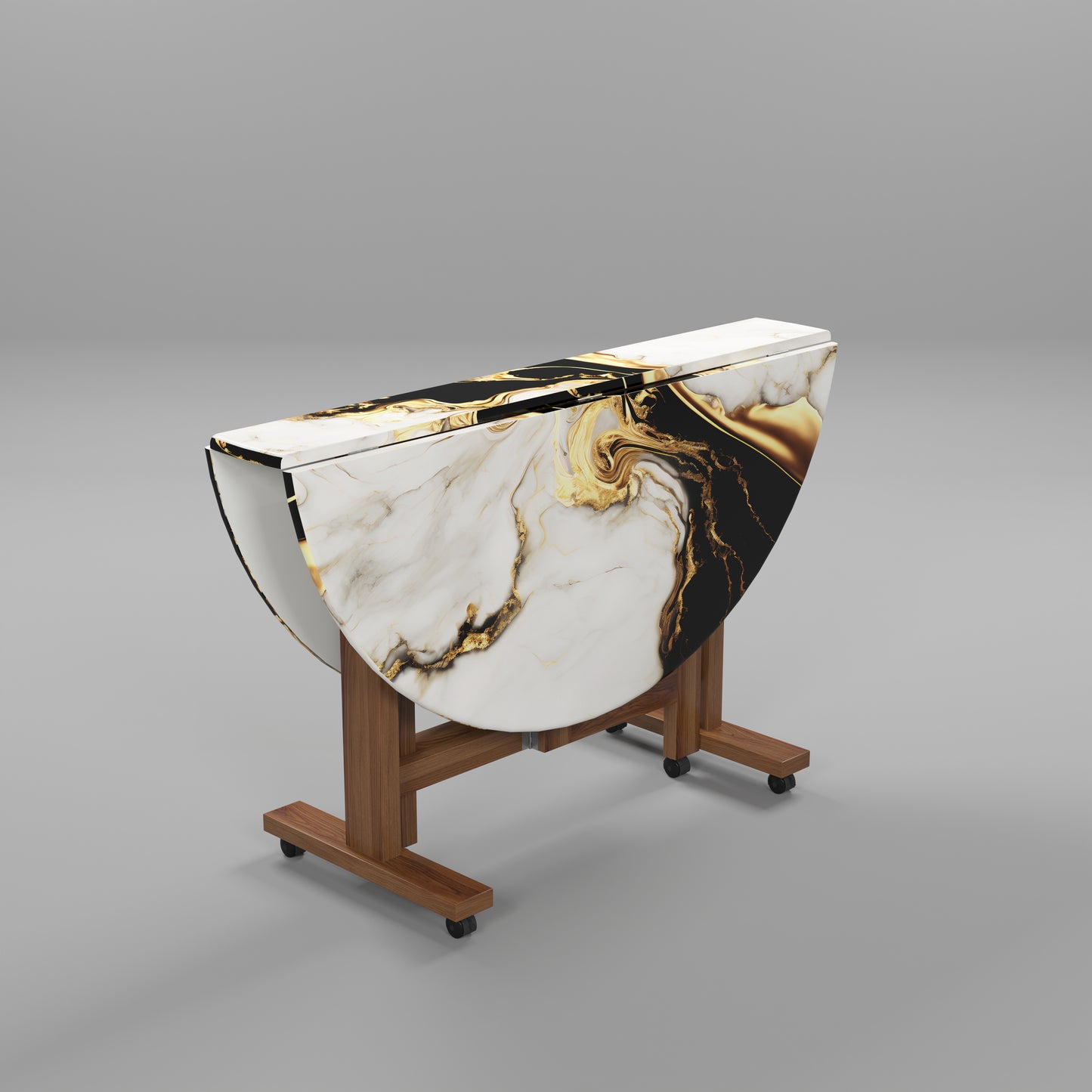 Folding Dining Table( Round, White and Black with Gold Marble, Natural Wooden Frame)