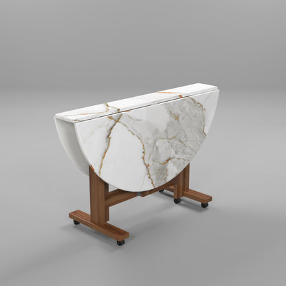 Folding Dining Table( Round, White Marble, Natural Wooden Frame)