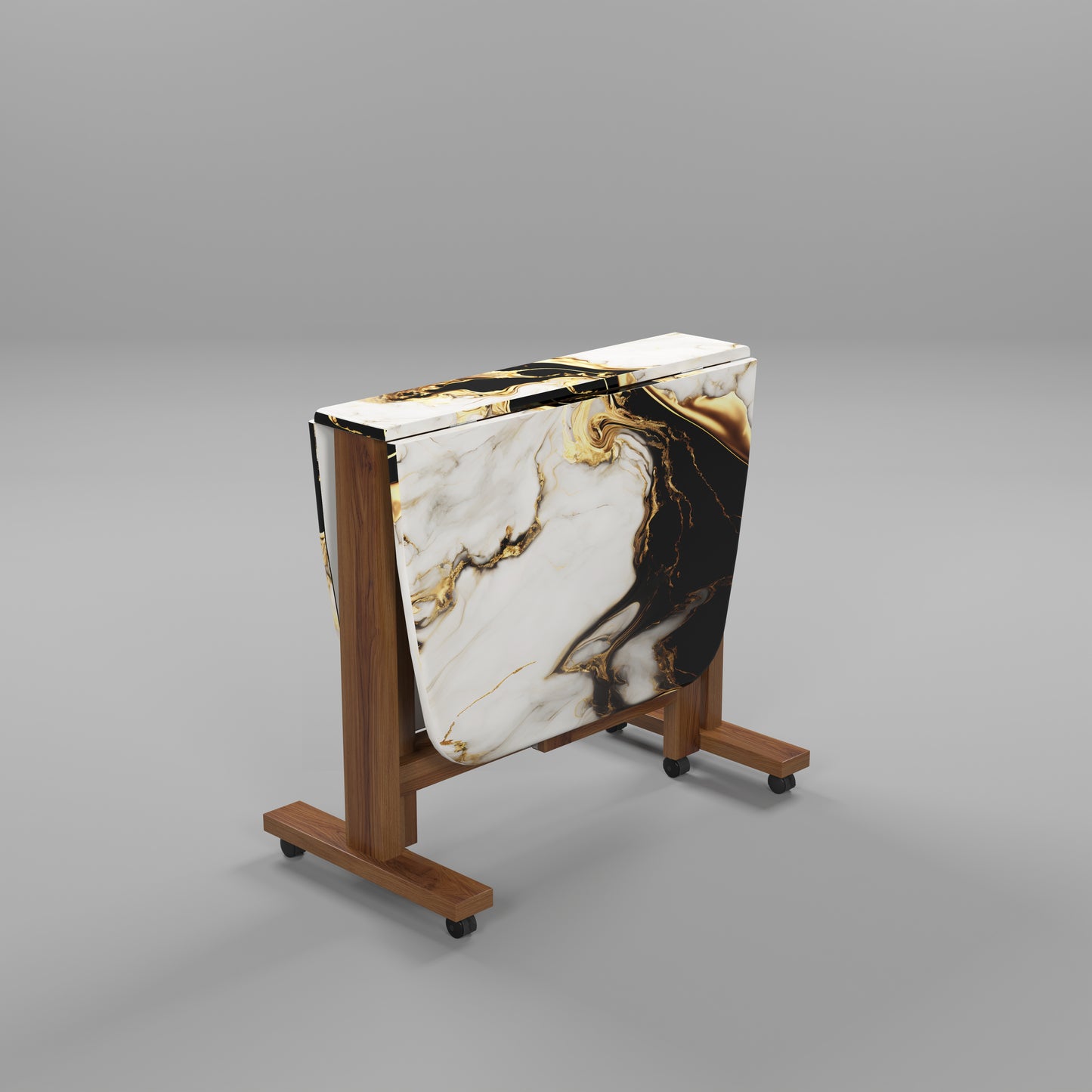 Folding Dining Table( Italian, White and Black with Gold Marble, Natural Wood Frame)