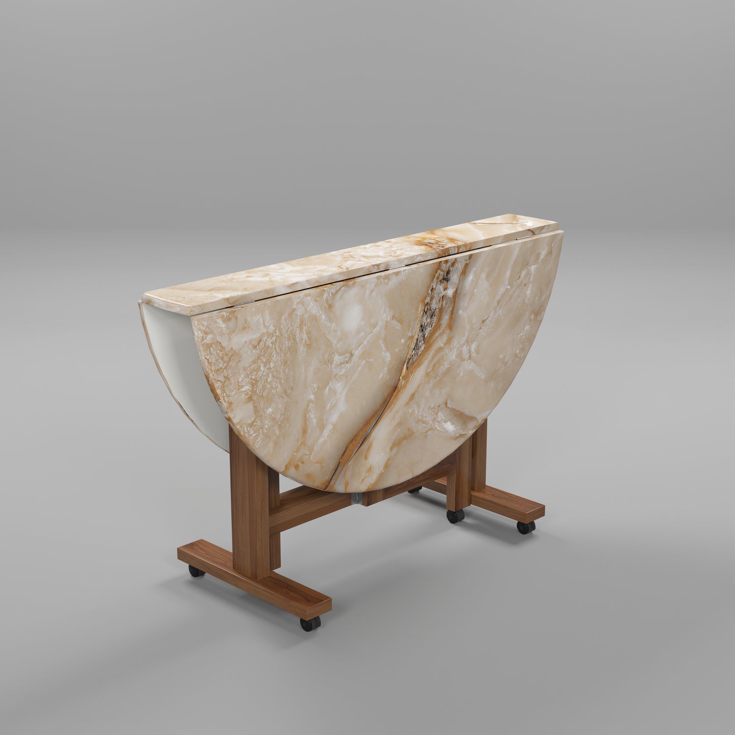 Folding Dining Table( Round, Gold Marble, Natural Wooden Frame)