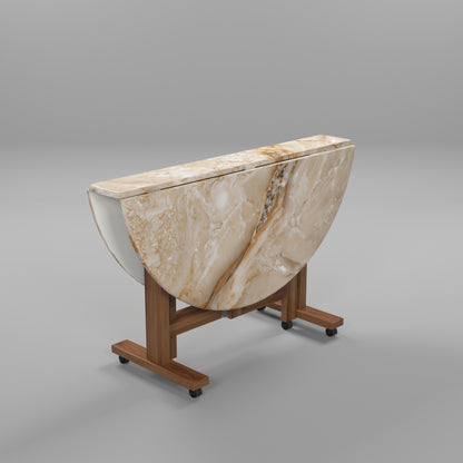 Folding Dining Table( Round, Gold Marble, Natural Wooden Frame)