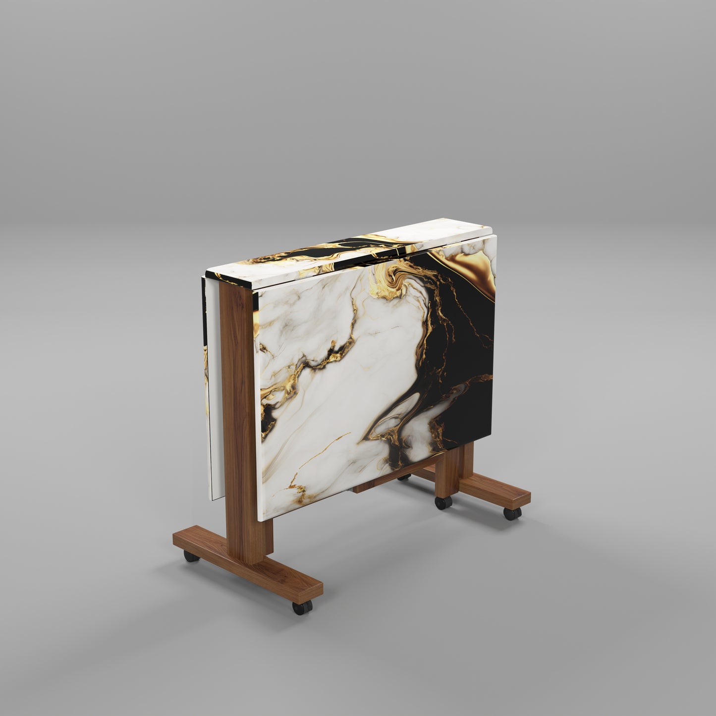 Folding Dining Table( Rectangular, White and Black with Gold Marble, Natural Wooden Frame)