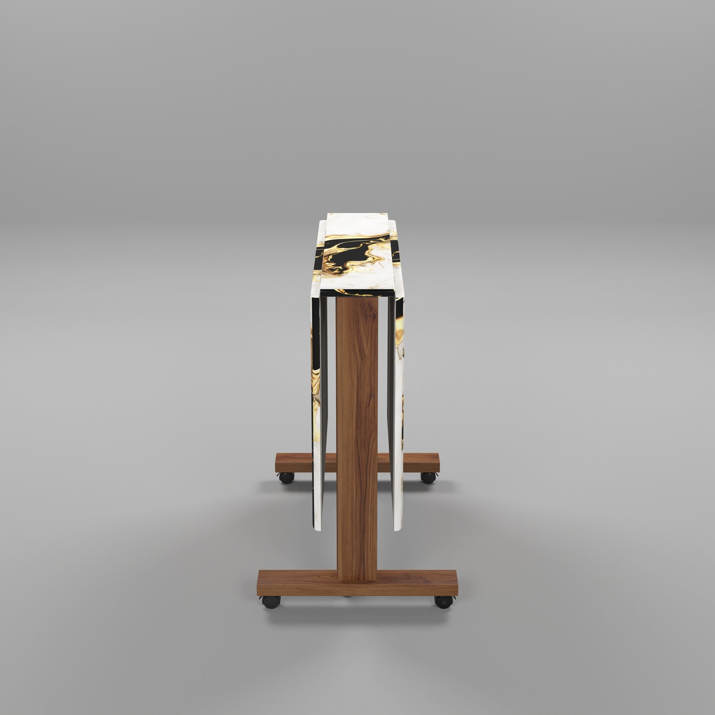 Folding Dining Table( Rectangular, White and Black with Gold Marble, Natural Wooden Frame)