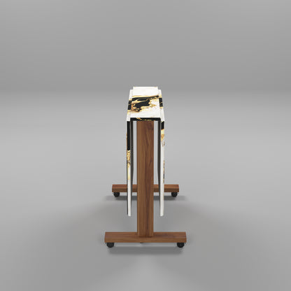 Folding Dining Table( Rectangular, White and Black with Gold Marble, Natural Wooden Frame)