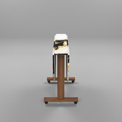 Folding Dining Table( Round, White and Black with Gold Marble, Natural Wooden Frame)