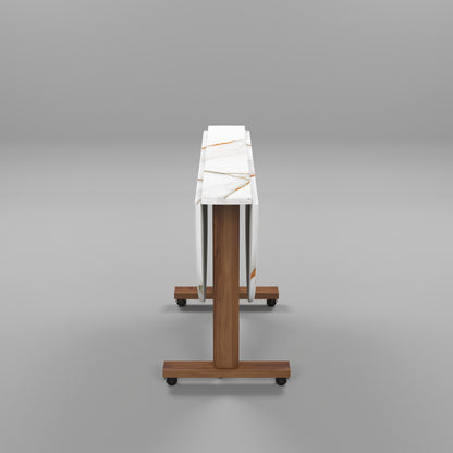 Folding Dining Table( Round, White Marble, Natural Wooden Frame)