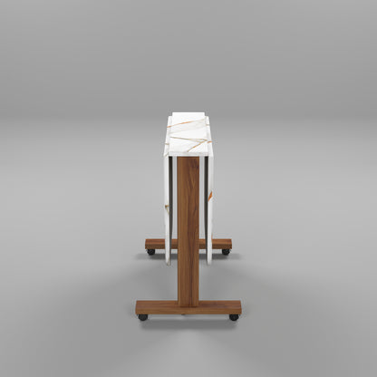 Folding Dining Table( Italian, White with Gold Marble, Natural Wood Metal Frame)