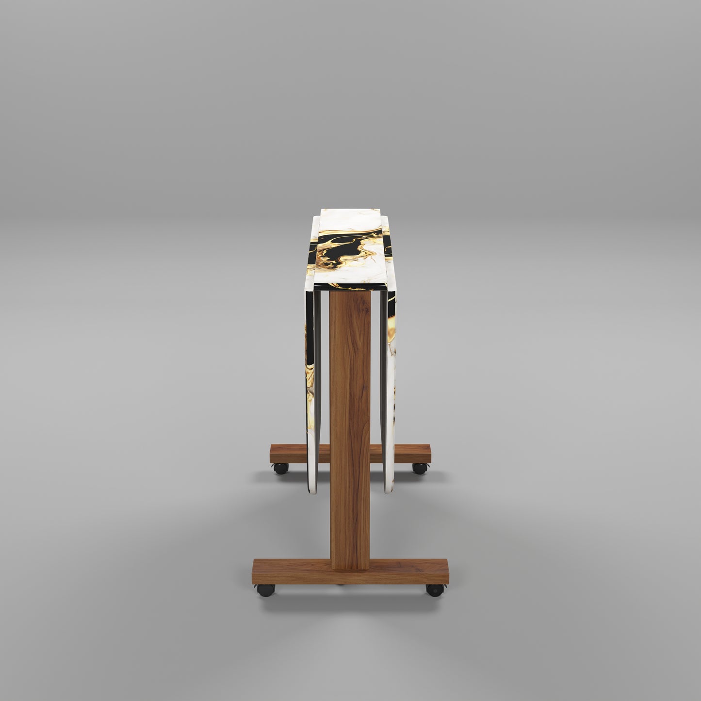 Folding Dining Table( Italian, White and Black with Gold Marble, Natural Wood Frame)