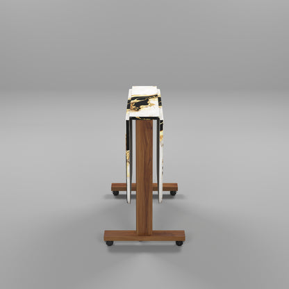 Folding Dining Table( Italian, White and Black with Gold Marble, Natural Wood Frame)