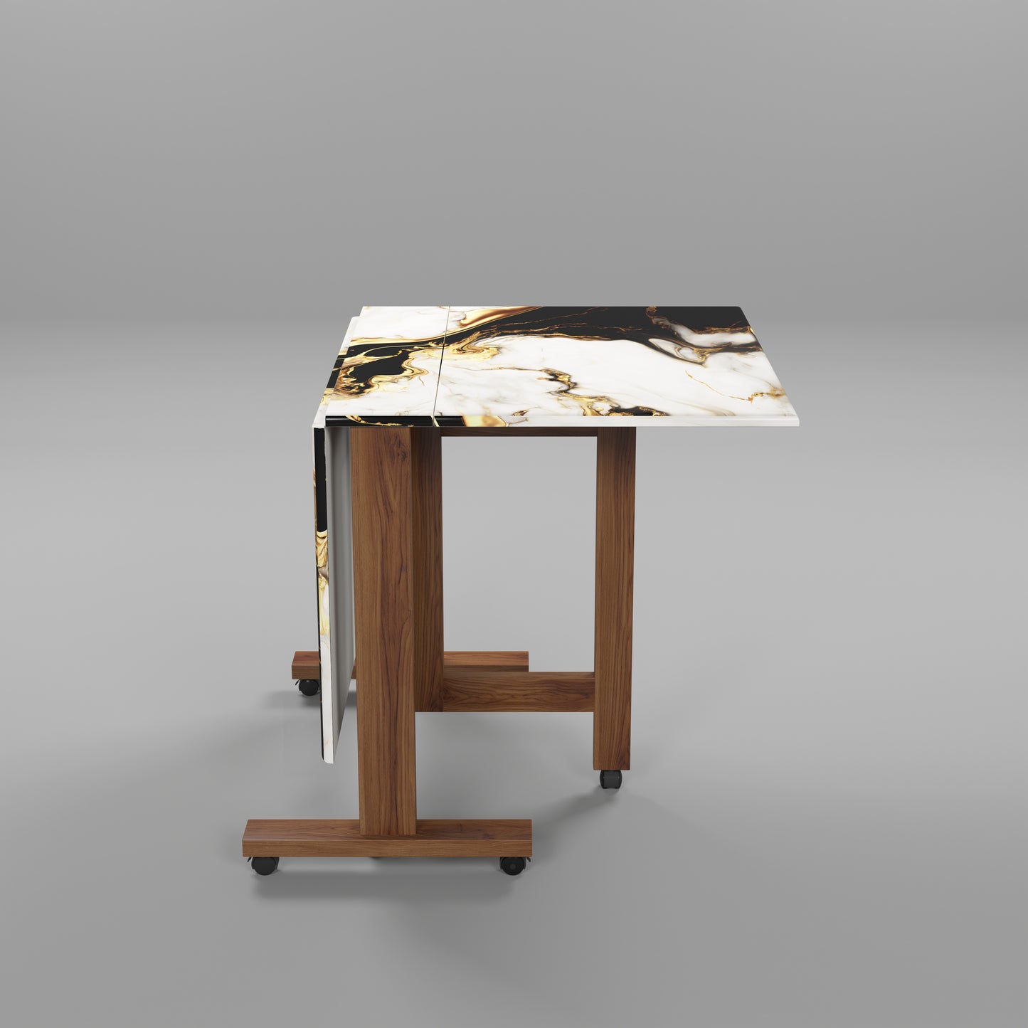 Folding Dining Table( Rectangular, White and Black with Gold Marble, Natural Wooden Frame)