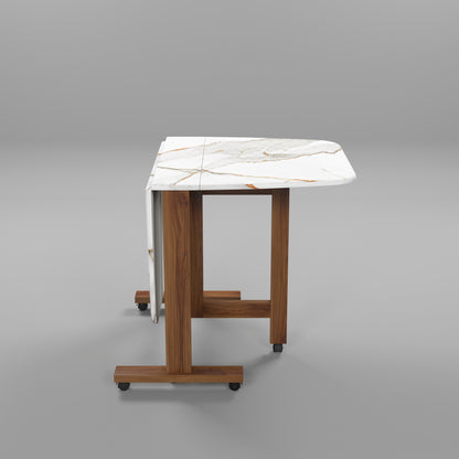 Folding Dining Table( Italian, White with Gold Marble, Natural Wood Metal Frame)