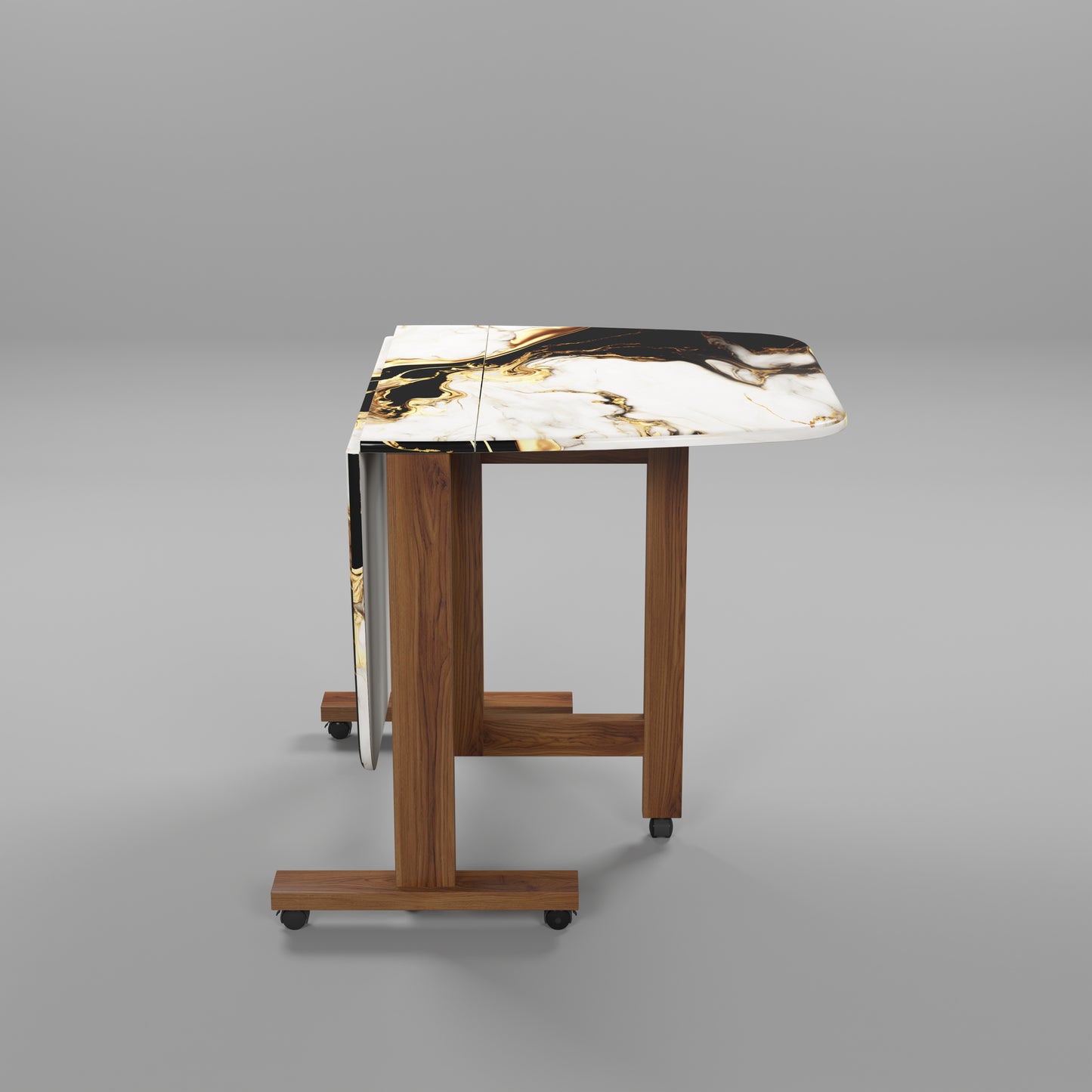 Folding Dining Table( Italian, White and Black with Gold Marble, Natural Wood Frame)