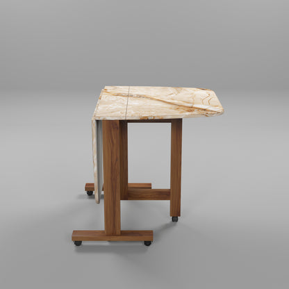 Folding Dining Table( Italian, Gold Marble, Natural Wood Metal Frame)
