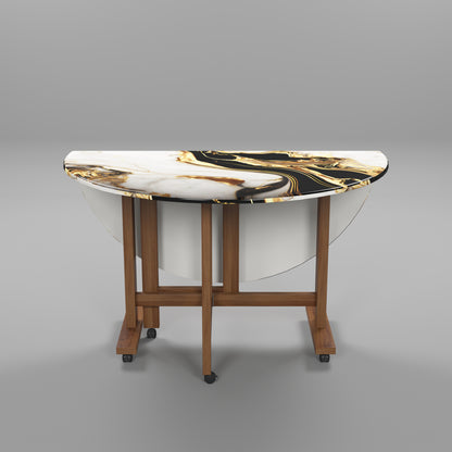 Folding Dining Table( Round, White and Black with Gold Marble, Natural Wooden Frame)