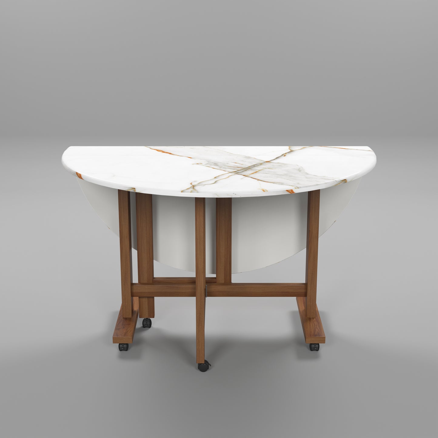 Folding Dining Table( Round, White Marble, Natural Wooden Frame)