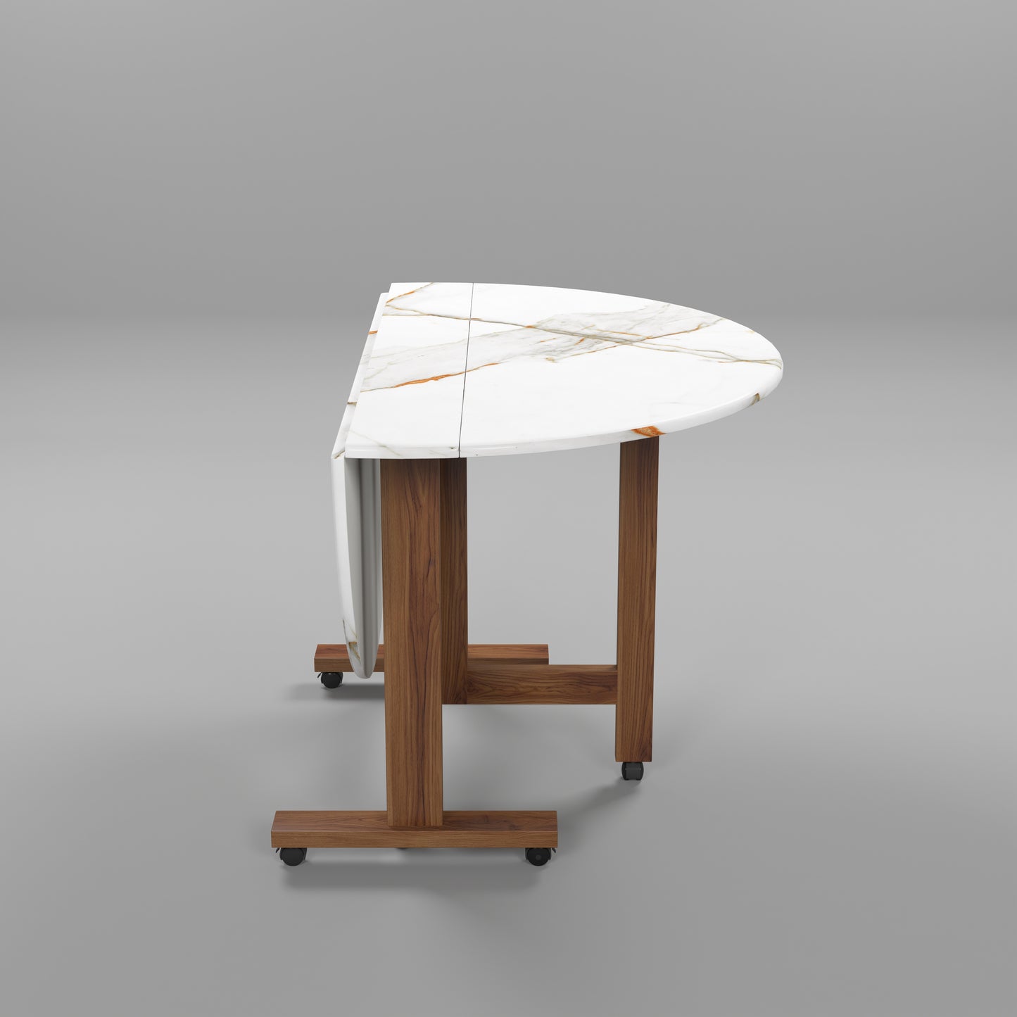 Folding Dining Table( Round, White Marble, Natural Wooden Frame)