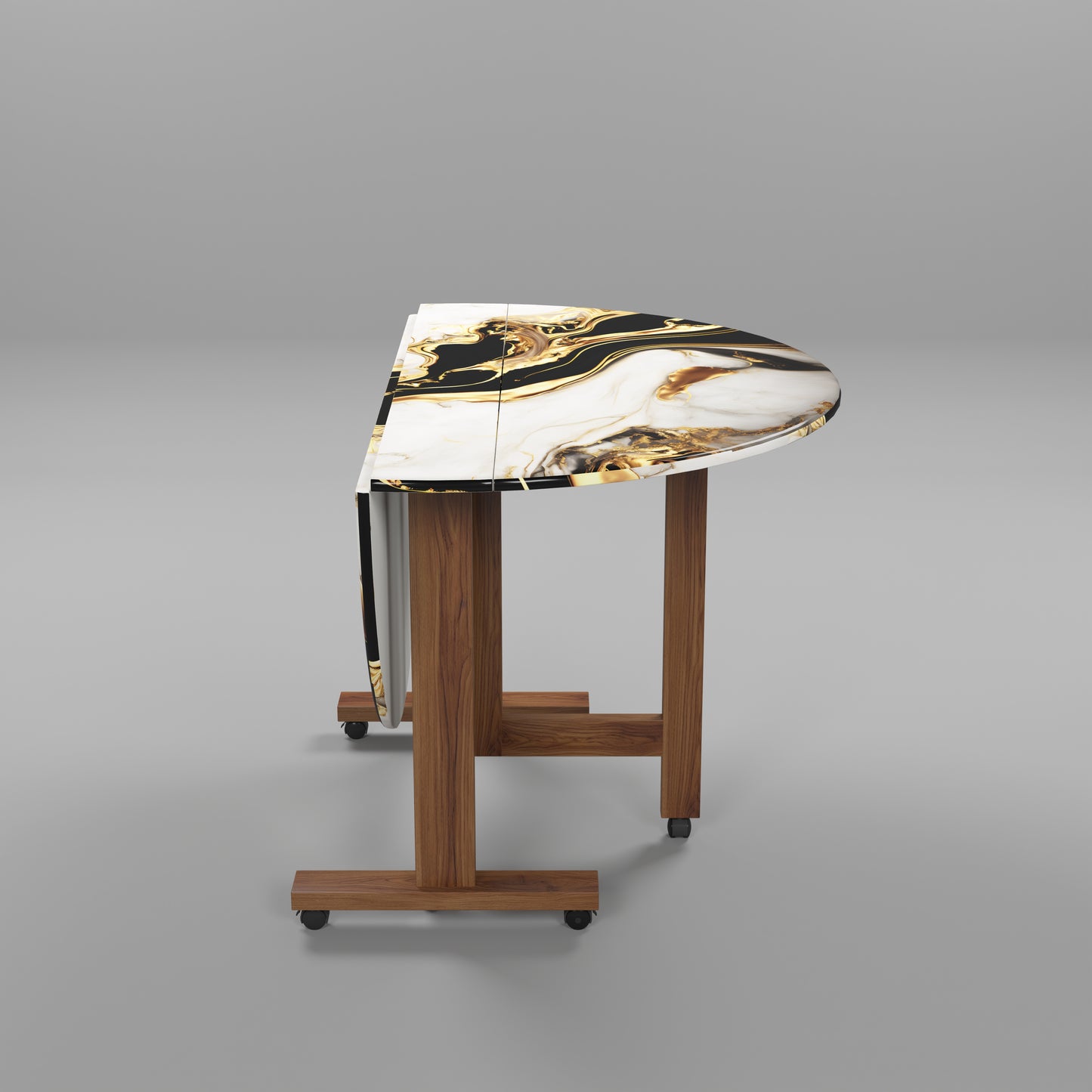 Folding Dining Table( Round, White and Black with Gold Marble, Natural Wooden Frame)