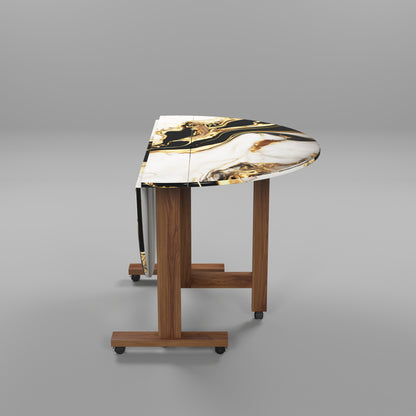 Folding Dining Table( Round, White and Black with Gold Marble, Natural Wooden Frame)