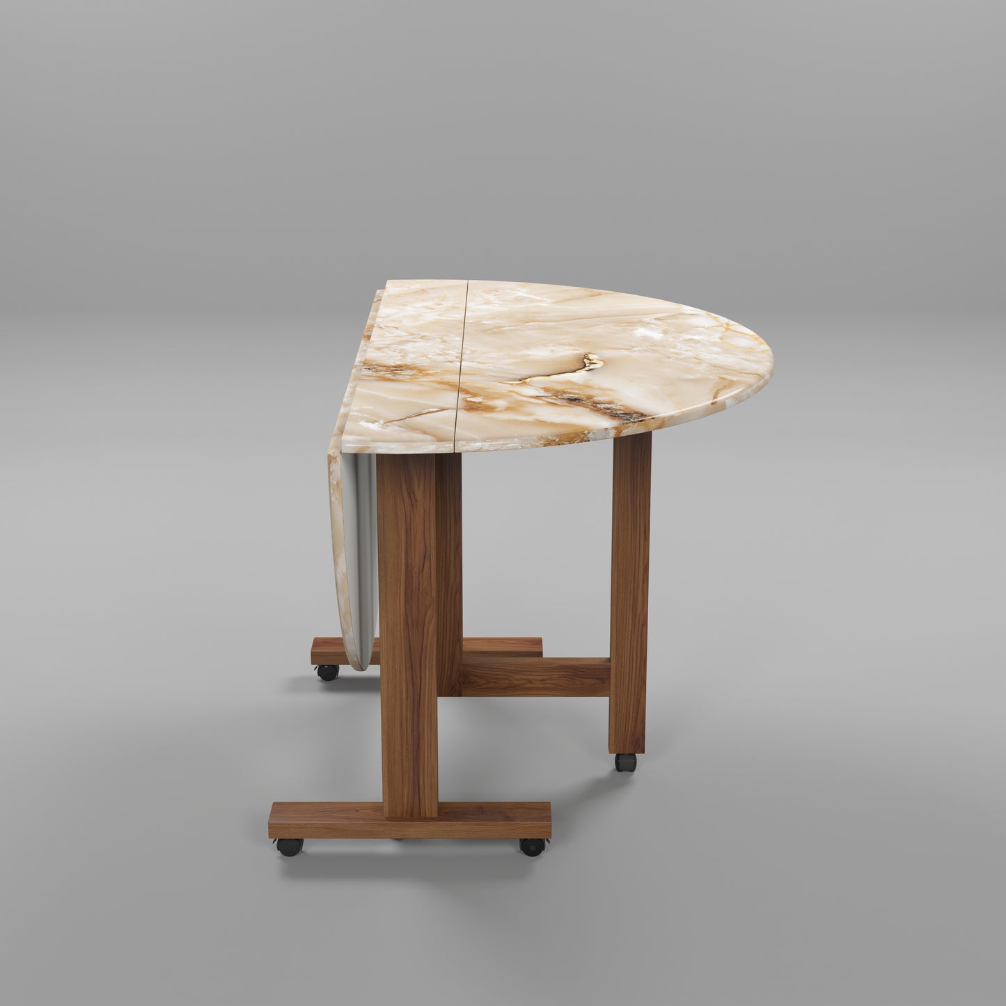 Folding Dining Table( Round, Gold Marble, Natural Wooden Frame)