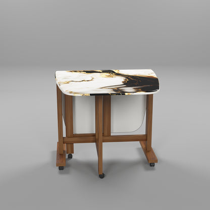 Folding Dining Table( Italian, White and Black with Gold Marble, Natural Wood Frame)