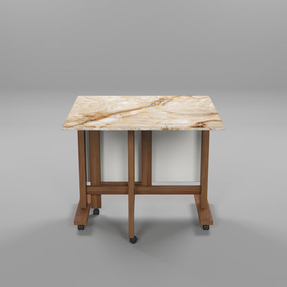 Folding Dining Table( Rectangular, Gold Marble, Natural Wooden Frame)