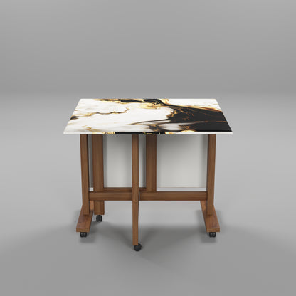 Folding Dining Table( Rectangular, White and Black with Gold Marble, Natural Wooden Frame)