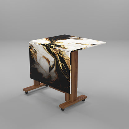 Folding Dining Table( Rectangular, White and Black with Gold Marble, Natural Wooden Frame)