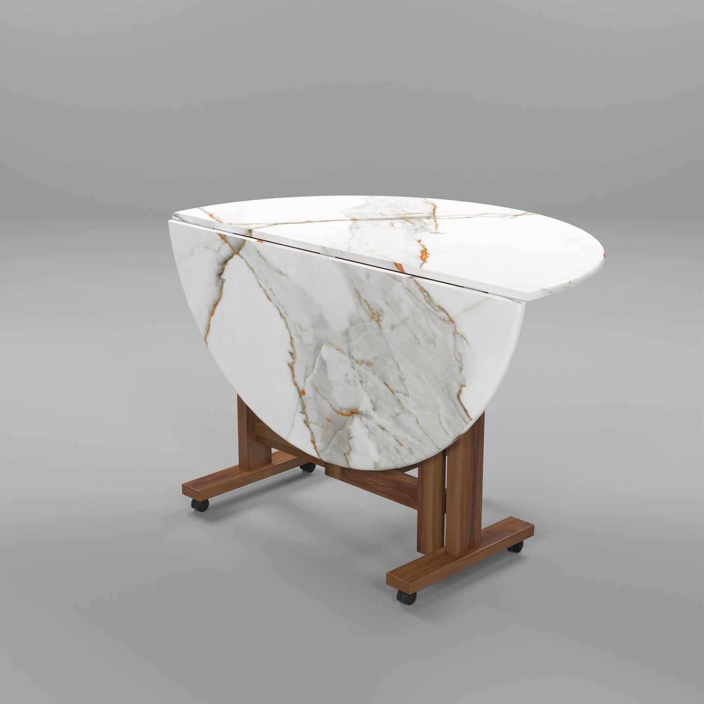 Folding Dining Table( Round, White Marble, Natural Wooden Frame)