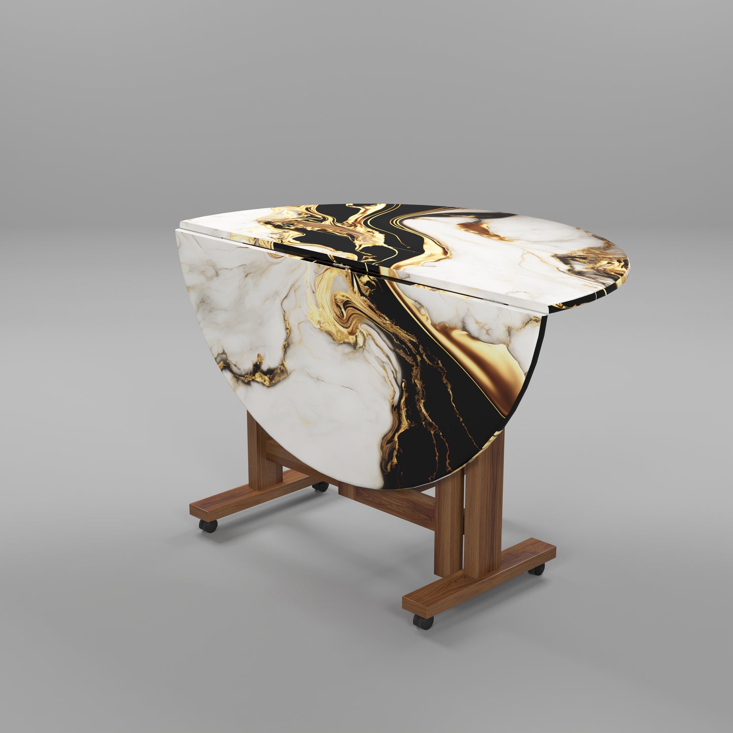 Folding Dining Table( Round, White and Black with Gold Marble, Natural Wooden Frame)