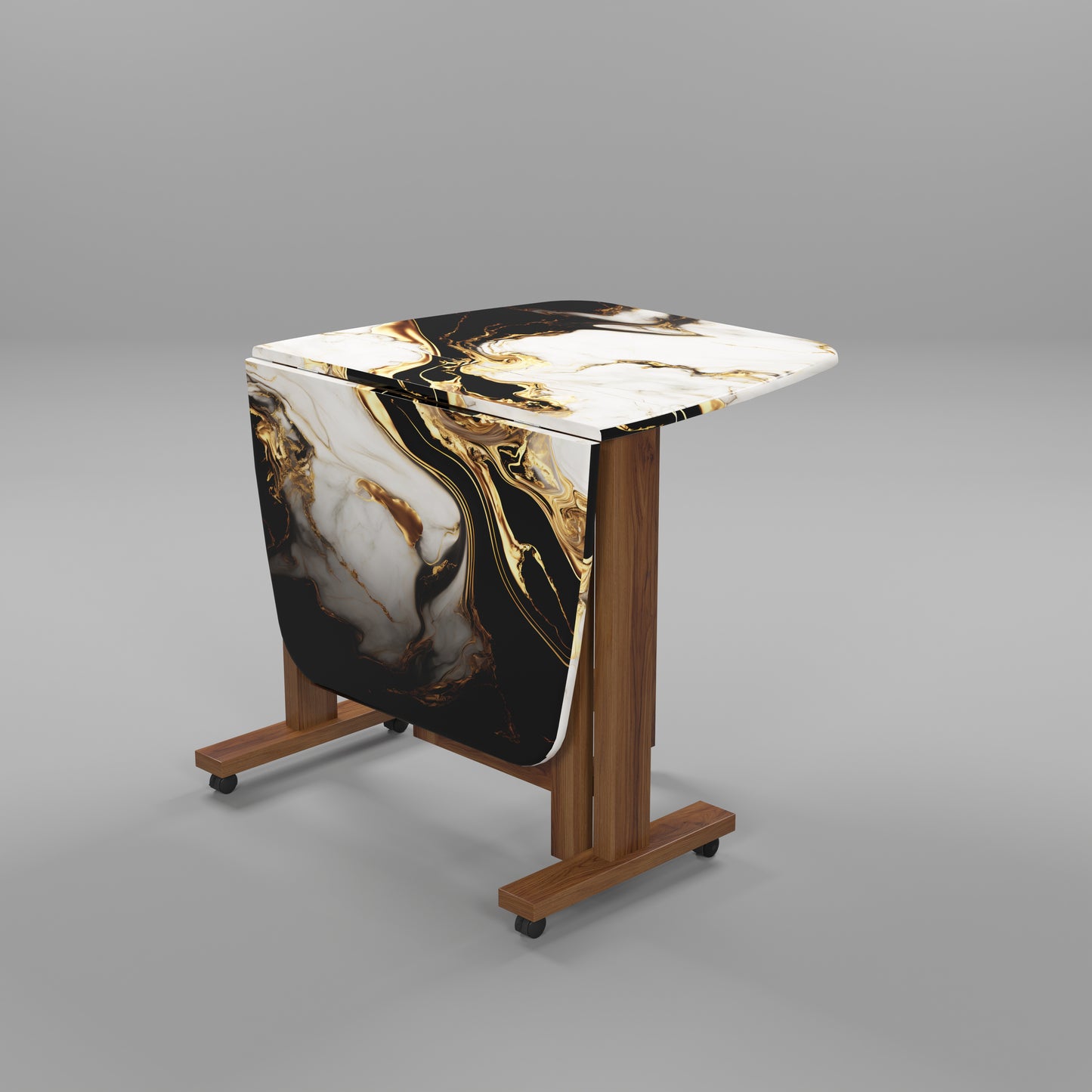 Folding Dining Table( Italian, White and Black with Gold Marble, Natural Wood Frame)