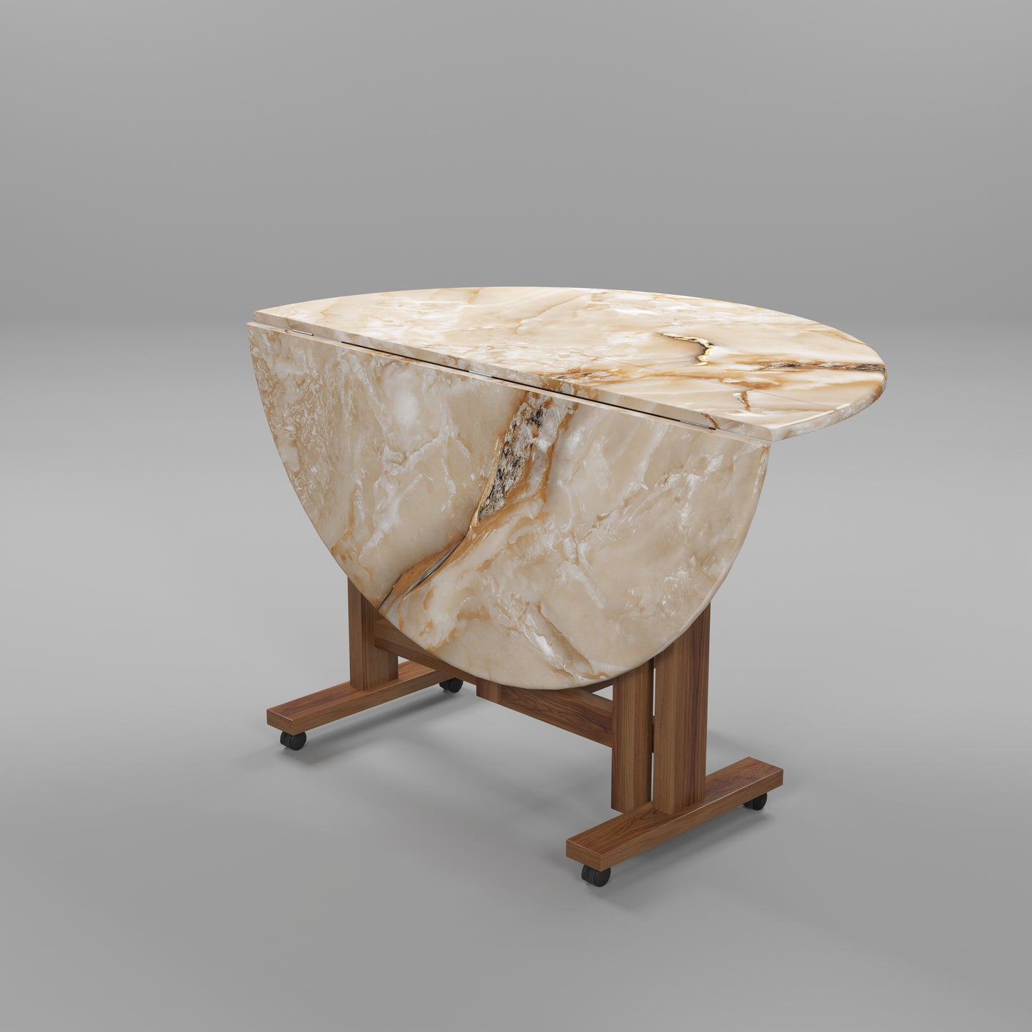 Folding Dining Table( Round, Gold Marble, Natural Wooden Frame)