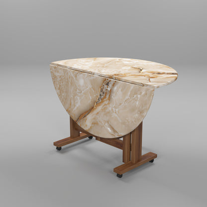 Folding Dining Table( Round, Gold Marble, Natural Wooden Frame)