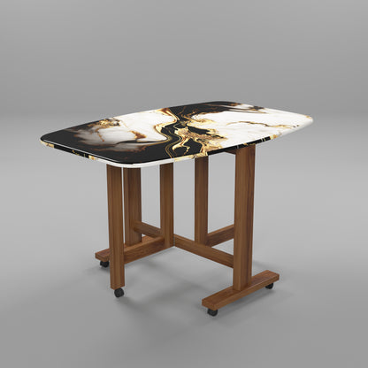 Folding Dining Table( Italian, White and Black with Gold Marble, Natural Wood Frame)
