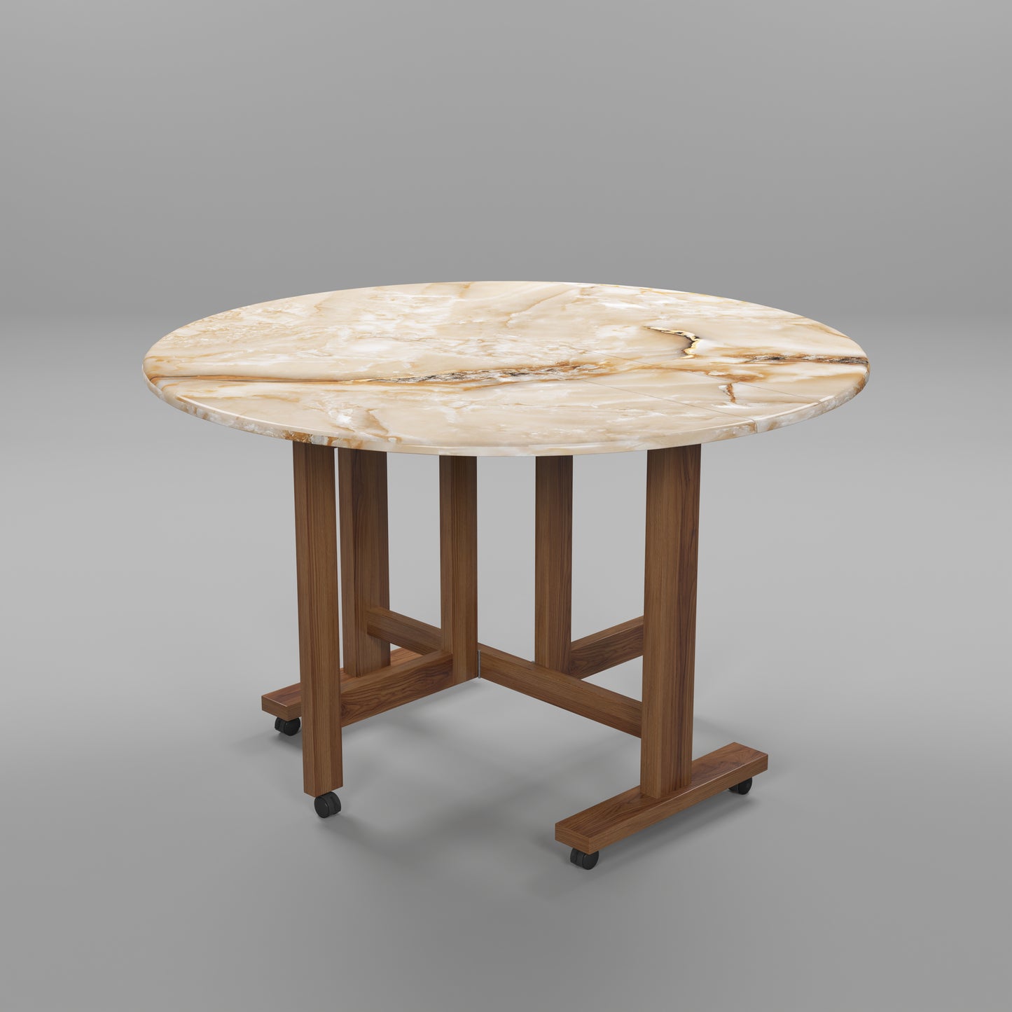 Folding Dining Table( Round, Gold Marble, Natural Wooden Frame)